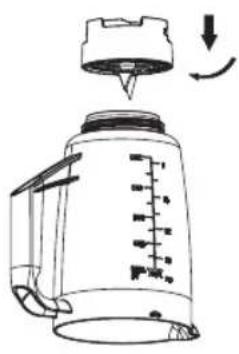 Diagram of a blender with volume markings and a downward arrow indicating rotation or change