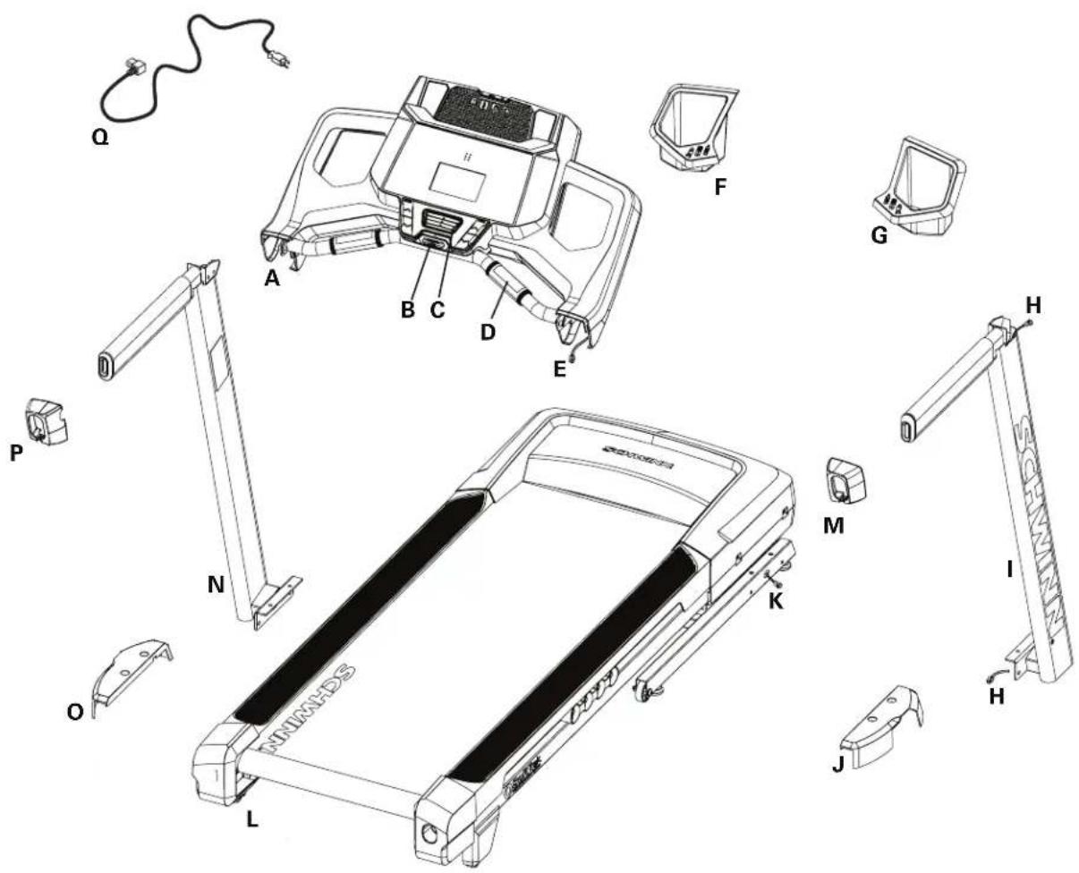 Exploded view diagram of a treadmill with labeled parts from Q to H, including cable, frame, and handle mechanisms.