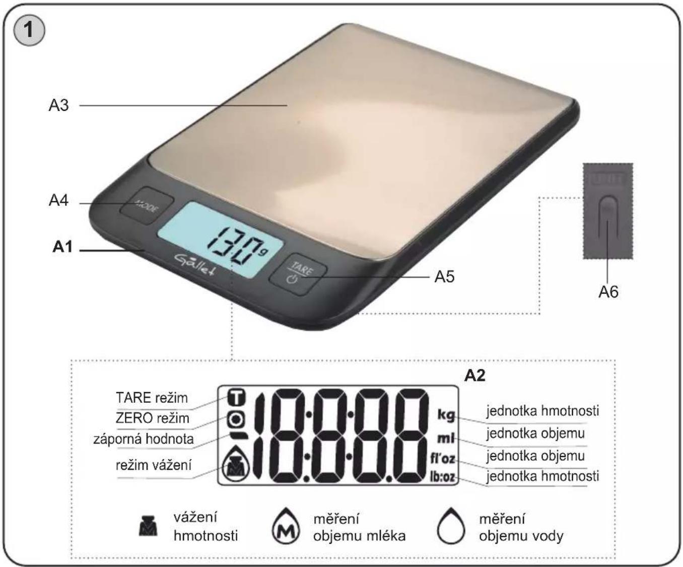 A3 A4 A1 13:00 TARE A5 A6 TARE režim ZERO režim záporná hodnota režim vážení 18:00.00 kg ml fl'oz lb:oz jednotka hmotnosti jednotka objemu jednotka objemu jednotka hmotnosti vážení hmotnosti měření objemu mléka měření objemu vody