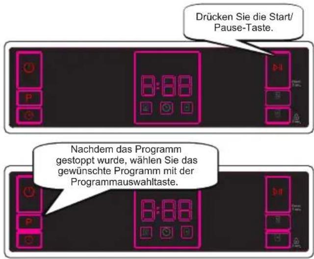 Drücken Sie die Start/Pause-Taste. Nachdem das Programm gestoppt wurde, wählen Sie das gewünschte Programm mit der Programmauswahltaste.