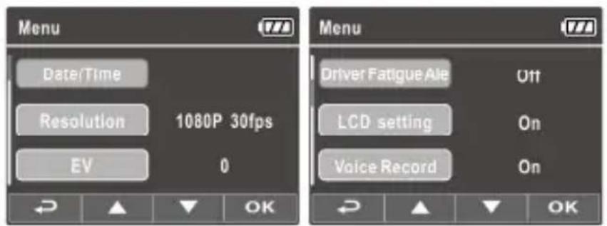 Menu Date/Time Resolution 1080P 30fps EV 0 OK Menu Driver Fatigue Ale Uft LCD setting On Voice Record On OK