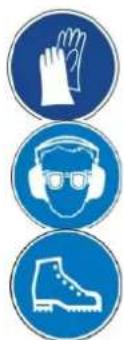 Three blue circular icons with white safety symbols: hand gesture, helmet, and footwork