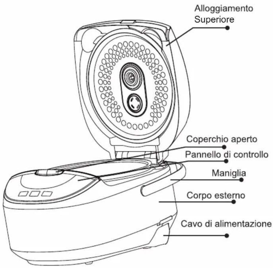 Alloggiamento Superiore Coperchio aperto Pannello di controllo Maniglia Corpo esterno Cavo di alimentazione