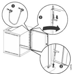 Technical diagram showing three views of a mechanical assembly with numbered components and directional arrows indicating motion or assembly.