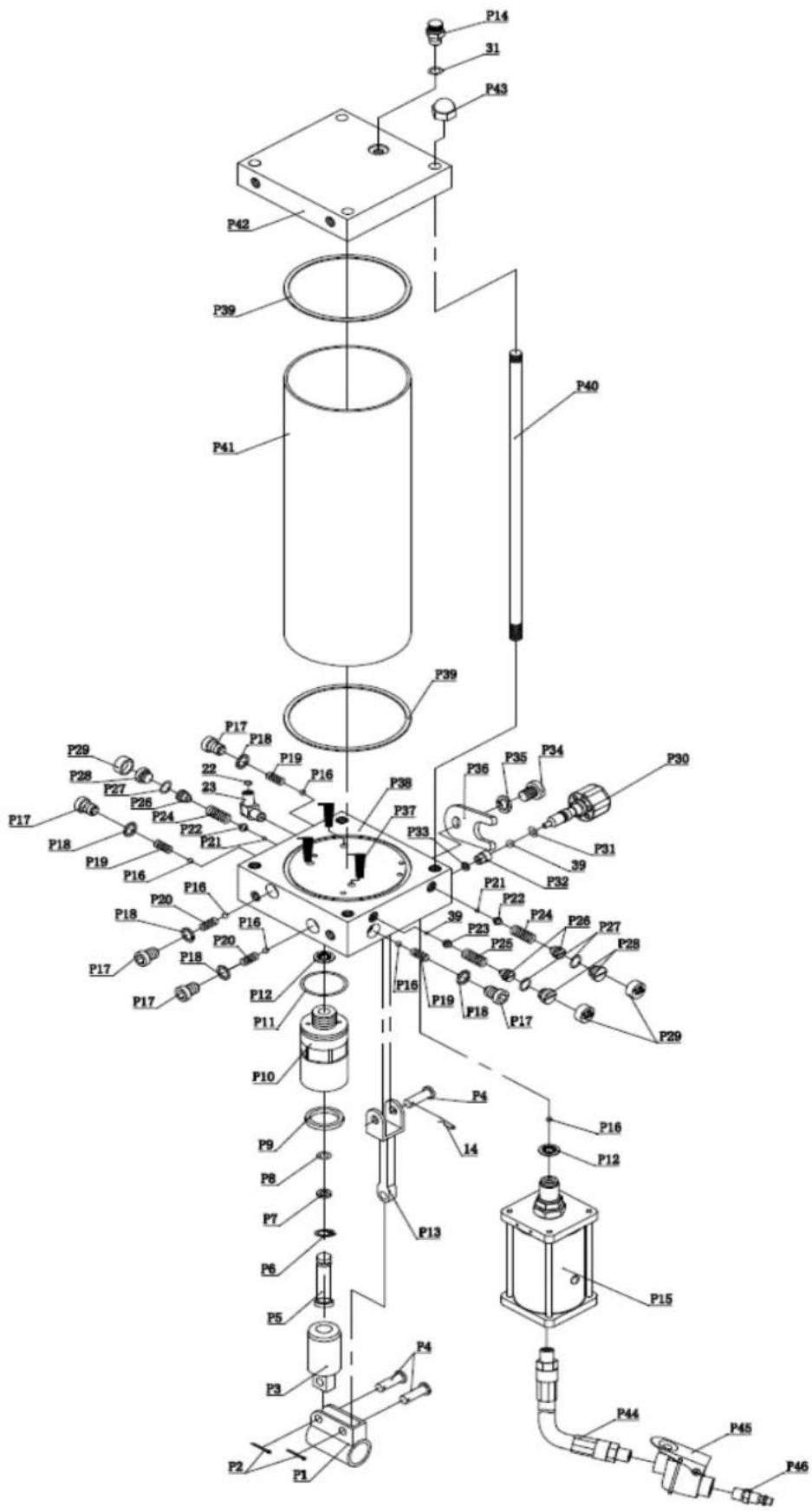 Technical diagram of a mechanical assembly with labeled components such as cylinders, valves, and actuators.