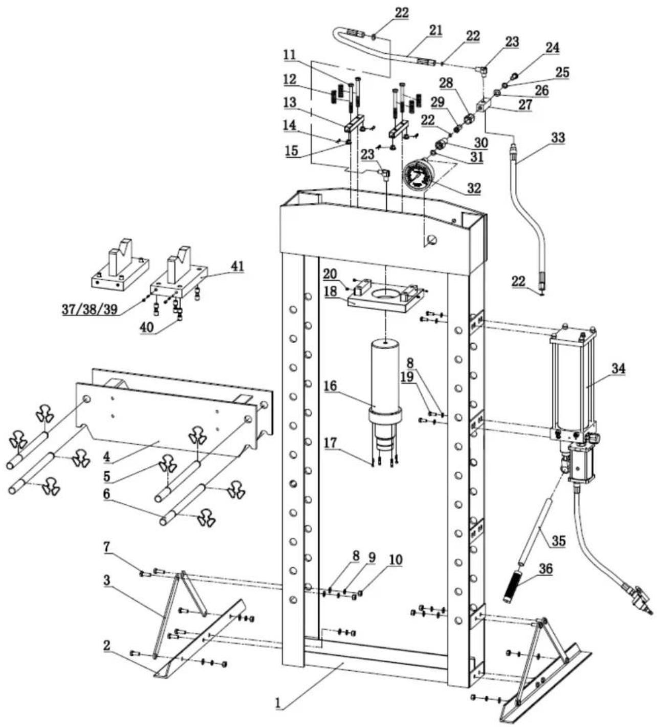 Technical schematic diagram of a mechanical device with numbered components and exploded view, including labeled parts and assembly details.