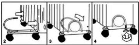 Diagram showing four sequential steps of a mechanical device with labeled components and motion indicators