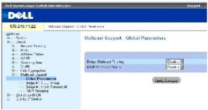 Dell OpenManage Switch Administrator Support 170.210.11.22 Multicast Support - Global Parameters Home Bisig: Multicast Filling ICMP Features Part 3 Diseb j Diseb s Global Parameters Bridge Multicast Filling ICMP Features Part 3 Diseb j Diseb s Supply Course