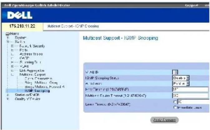 Dell 175.210.11.22 Multicast Support - IGMP Snooping Multicast Support - IGMP Snooping V All In IGMP Snooping Status: Deeb > A n l r s F i n t e r E + T e r t e r (12:4763947) IF* Multicn F oater T noout (12:4763947) SC Less: Time to: @214763064* IC C in m i diate - save Add C empece