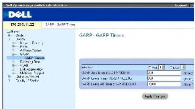 Dell Operating Manager GARP Administrator SUPPORT 176.210.11.22 GARP - GARP Timers Home ● Solar ○ Switch ● None - SPP ● Pots ○ Altless Tables ● GARP GARP Timers ● Starting Time ● Y_All ○ Link Aggregation ● Multisided Support ● All at cs-4VON ○ Get By - 5nm GARP - GARP Timers Interface CPst CLS2 GARP Jan Timer (L=2/1/1000'U) 200 (0 sec) GARP Leans Timer (L=2/1/1000'U) 900 (0 sec) GARP Leans All Timer (L=2/4/13500) 0000 (0 sec) Apply Changes