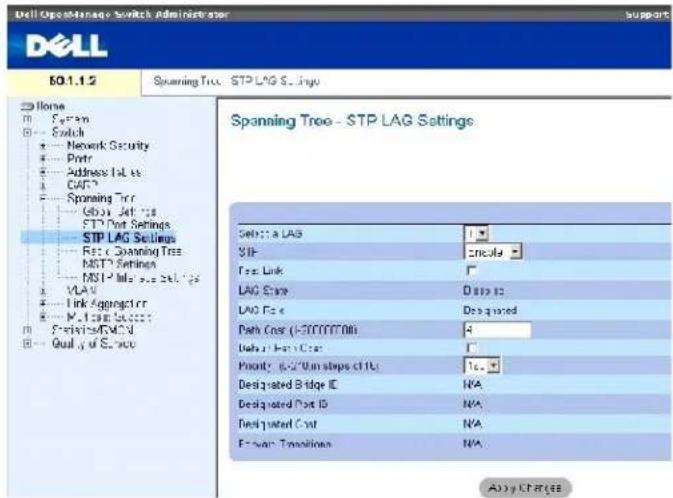 Dell Operations Switch Administrator SUPPORT E0.1.1.2 Spanning Tree - STP LAG Settings Home System Switch Network Security Protr Address Files CAT Spanning Tree USB Jet 18 FTP Port Settings STP LAG Settings Rest Spanning Tree MFTP Settings MSI-Info v.s.2d.fjg VLA Link Aggregation M.5.6.5.5.5.5.5.5.5.5.5.5.5.5.5.5.5.5.5.5.5.5.5.5.5.5.5.5.5.5.5.5.5.5.5.5.5.5.5.5.5.5.5.5.5.5.5.5.5.5.5.5. Systeine/MTCAV Quality of Service Spanning Tree - STP LAG Settings Select: a LAB SIP Concrete Freq Link LAG Case Data ID LAG Fc Designed Path Cost (1-30000000) Data Port Cost Priority: 6-2"0m steps cl U: Designated Bridge ID N/A Designated Port ID N/A Designated Cost N/A F-san Transitions N/A