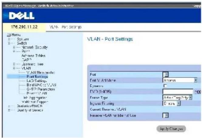 Dell Open Manage Switch Administrator 176.210.11.22 VLAN - Port Settings Ports: System Switch Network Security Port Address Tables GAP? Junction: free VLAN VLAN Main search: Port Settings LAG Settings Bird MAC: VLAN G/RP Parameters Power: VLAN Info Agg-golar Variable Support Statistics/FMCN Dual Type of Service VLAN - Port Settings Port Port VLAN Mode Address Dynamic FVD (1-495) 108 Frame Type Admin-Forg Only Inglaws Filing E-mail Current Reserve: VLAN Hasene VLAN or Info-1d Use Apply Change