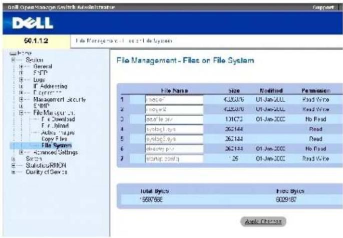Dell Open Manage Switch Administrator Support 60.1.12 File Management - Files on File System File Management - Files on File System File Name Size Modified Permission 1 .info* 435376 01-Jan-2000 Read Write 2 .info*2 435376 01-Jan-2000 Read Write 3 .data file air 131C73 01-Jun-2000 No Read 4 .syslog files 362144 Read 5 .syslog files 362144 Read 6 .dscray.piv 362144 01-Jun-2000 No Read 7 .setup config 25 01-Jun-2000 Read Write Total Bytes Filed Bytes '558758E 6029187 Audio Charges