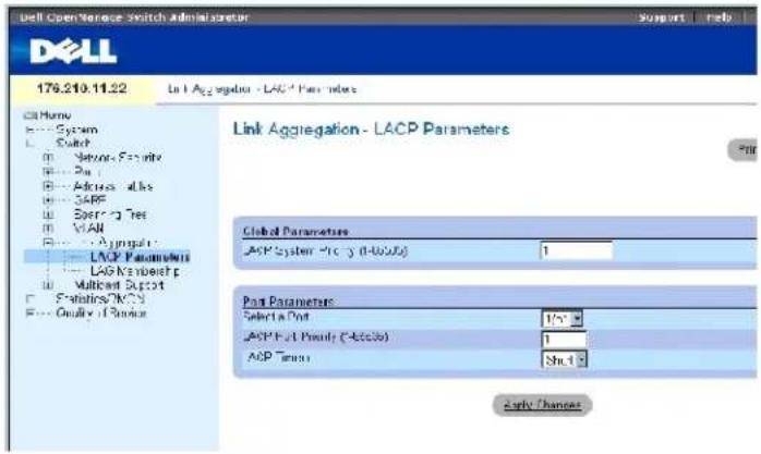 Dell Open Service Switch Administrator Support | Help 176.210.11.22 Ln1 Aggregation - LACP Parameters Link Aggregation - LACP Parameters Global Parameters LACP System - (C-3) (H-0,0,0) 1 Post Parameters Select a Port 1/2 LACP Port Priority (-Access) 1 LACP Term 5h.1 Apply / Change