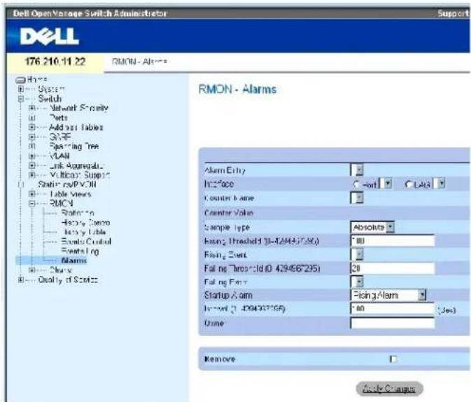 Dell Open Manage Switch Administrator Support 176 210.11.22 RMON - Alarms RMON - Alarms Alarm Entry Interface C-ort CLA3 Counter Name Creator Value Sample type Absolute Firing Threshold ID:4294567280 Firing Date Falling Threshold ID:4294567295 Falling Freq Startup Alarm Firing Alarm Inword 1:4294567280 Name Remove D Close Change