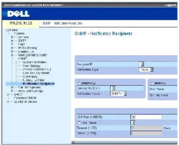 Dell Openadder Switch Administrator 176.210.11.22 SNMP - Notification Fclop units SNMP - Notification Recipients Rx point IP Notification Type SNMPV2 Community Entity Notification Entity SNMPV0 Use Name Security Level JCP Port (166535) Libor Name Timewel (-30) Data (-775) All