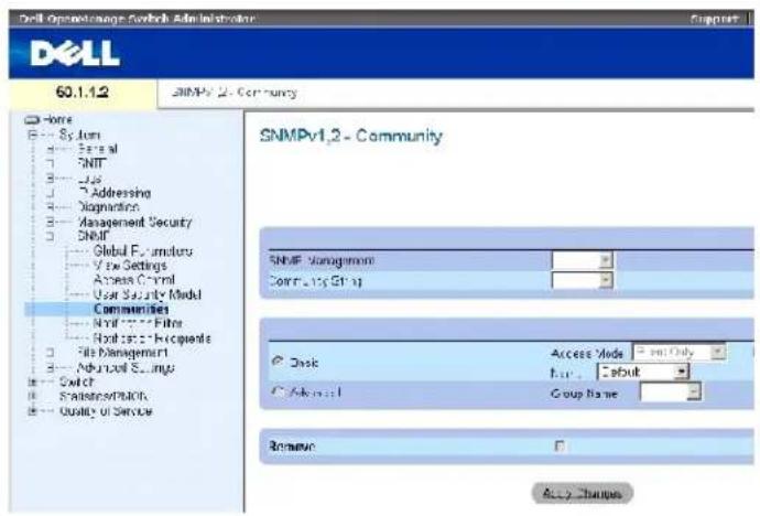 Dell 60.1.1.2 SNMPv 2 - Community SNMPv1.2 - Community SNMPV Management Community Group Disk Access Mode = not Only Bus - Default Advanced Group Name Rename Accy Changes