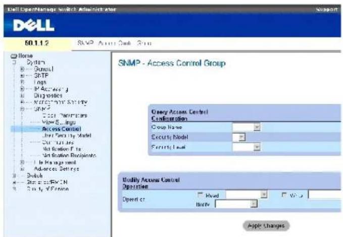Dell OperManage Switch Administrator 60.1.2 SNMP - Access Control Group SNMP - Access Control Group Usey Access Control Configuration Group Name Security Model Security Level Modify Access Control Operation Oper or Output Apple Changes