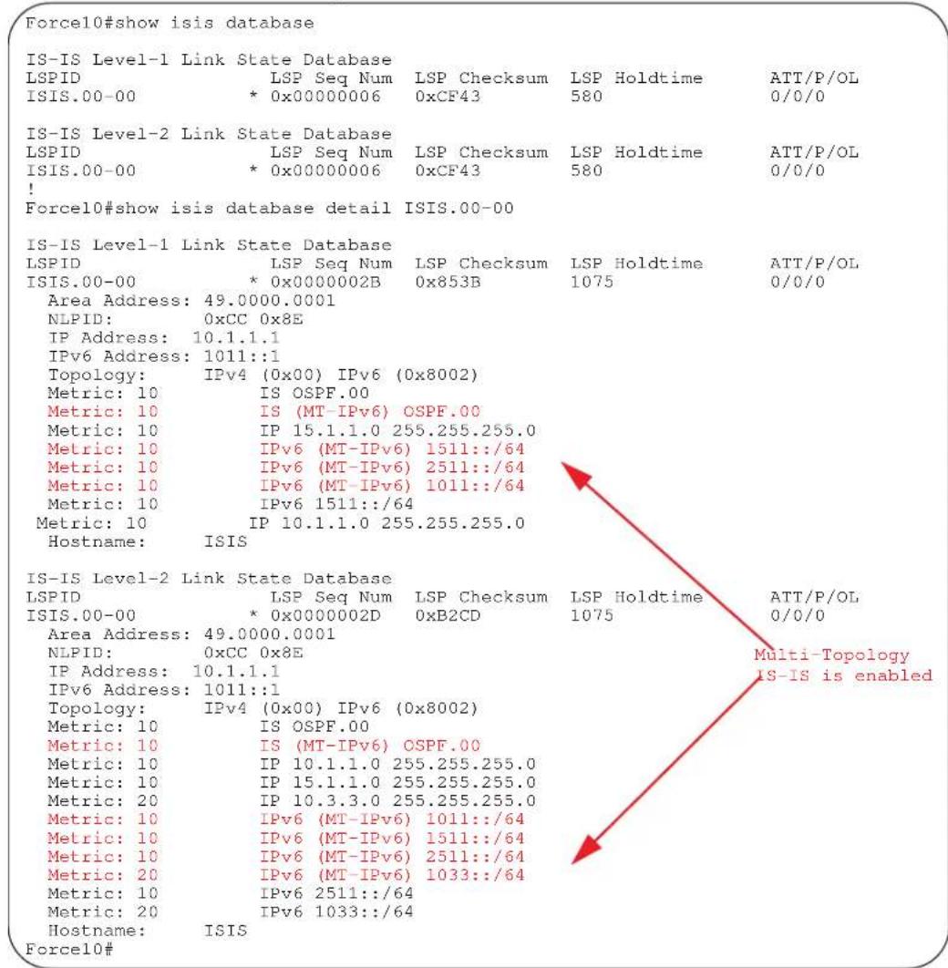 Force10#show isis database IS-IS Level-1 Link State Database LSPID LSP Seq Num LSP Checksum LSP Holdtime ATT/P/OL ISIS.00-00 * 0x0000006 0xCF43 580 0/0/0 IS-IS Level-2 Link State Database LSPID LSP Seq Num LSP Checksum LSP Holdtime ATT/P/OL ISIS.00-00 * 0x0000006 0xCF43 580 0/0/0 ! Force10#show isis database detail ISIS.00-00 IS-IS Level-1 Link State Database LSPID LSP Seq Num LSP Checksum LSP Holdtime ATT/P/OL ISIS.00-00 * 0x0000002B 0x853B 1075 0/0/0 Area Address: 49.0000.0001 NLPID: 0xCC 0x8E IP Address: 10.1.1.1 IPv6 Address: 1011::1 Topology: IPv4 (0x00) IPv6 (0x8002) Metric: 10 IS OSPF.00 Metric: 10 IS (MT-IPv6) OSPF.00 Metric: 10 IP 15.1.1.0 255.255.255.0 Metric: 10 IPv6 (MT-IPv6) 1511::/64 Metric: 10 IPv6 (MT-IPv6) 2511::/64 Metric: 10 IPv6 (MT-IPv6) 1011::/64 Metric: 10 IPv6 1511::/64 Metric: 10 IP 10.1.1.0 255.255.255.0 Hostname: ISIS IS-IS Level-2 Link State Database LSPID LSP Seq Num LSP Checksum LSP Holdtime ATT/P/OL ISIS.00-00 * 0x0000002D 0xB2CD 1075 0/0/0 Area Address: 49.0000.0001 NLPID: 0xCC 0x8E IP Address: 10.1.1.1 IPv6 Address: 1011::1 Topology: IPv4 (0x00) IPv6 (0x8002) Metric: 10 IS OSPF.00 Metric: 10 IS (MT-IPv6) OSPF.00 Metric: 10 IP 15.1.1.0 255.255.255.0 Metric: 10 IPv6 (MT-IPv6) 1511::/64 Metric: 10 IPv6 (MT-IPv6) 2511::/64 Metric: 20 IPv6 (MT-IPv6) 1033::/64 Metric: 20 IPv6 2511::/64 Metric: 20 IPv6 1511::/64 Hostname: ISIS Force1O#