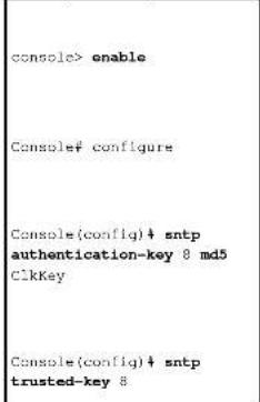 console> enable Console# configure Console(config)‡ sntp authentication-key 8 md5 ClkKey Console(config)‡ sntp trusted-key 8