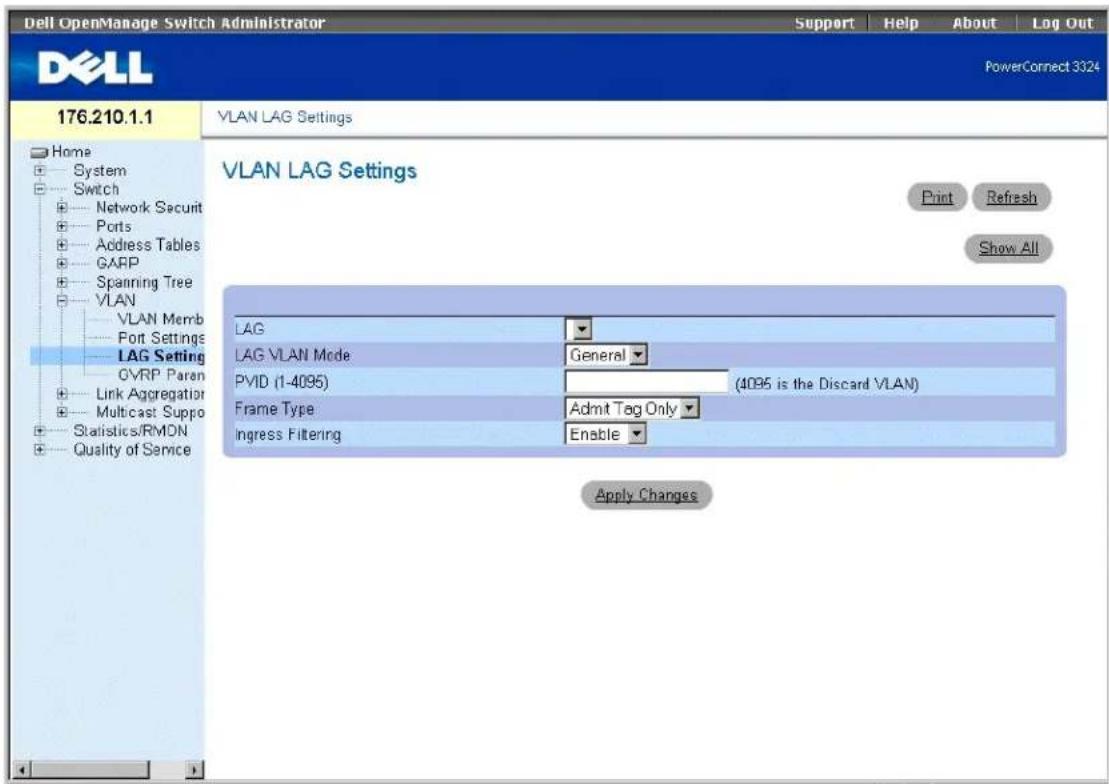 Dell OpenManage Switch Administrator Support Help About Log Out PowerConnect 3324 176.210.1.1 VLAN LAG Settings Home System Switch Network Securit Ports Address Tables GARP Spanning Tree VLAN VLAN Memb Port Settings LAG Setting GVRP Parent Link Aggregation Multicast Suppo Statistics/RMDN Quality of Service VLAN LAG Settings Print Refresh Show All LAG LAG VLAN Mode General PVID (1-4095) (4085 is the Discard VLAN) Frame Type Admit Tag Only Ingress Filtering Enable Apply Changes