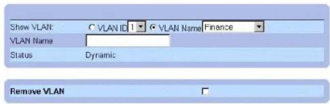 Show VLAN: C VLAN ID 1 ● VLAN Name Finance VLAN Name Status Dynamic Remove VLAN