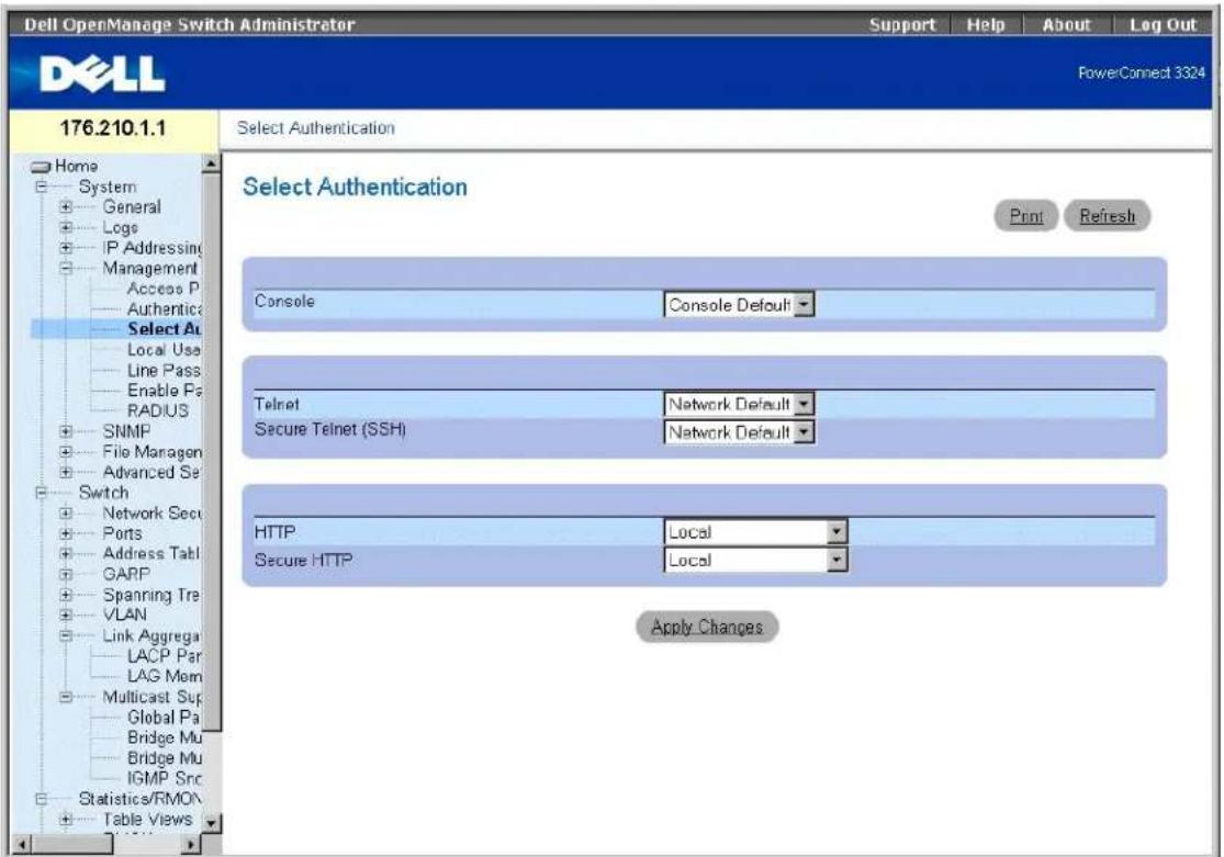 Dell OpenManage Switch Administrator Support Help About Log Out PowerConnect 3324 176.210.1.1 Home System General Logo IP Addressing Management Access P Authentic Select Au Local Use Line Pass Enable Pa RADIUS SNMP File Manager Advanced Se Switch Network Secu Ports Address Tabl GARP Spanning Tre VLAN Link Aggrega LACP Par LAG Mem Multicast Sup Global Pa Bridge Mu Bridge Mu IGMP Src Statistics/RMO\ Table Views Select Authentication Select Authentication Console Console Default Telnet Network Default Secure Telnet (SSH) Network Default HTTP Local Secure HTTP Local Apply Changes