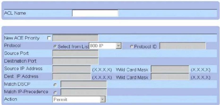 ACL Name New ACE Priority Protocol Select from List 800 IP Protocol ID Source Port Destination Port Source IP Address (X.X.X.X) Wild Card Mask (X.X.X.X) Dest IP Address (X.X.X.X) Wild Card Mask (X.X.X.X) Match DSCP Match IP-Precedence Action Permit