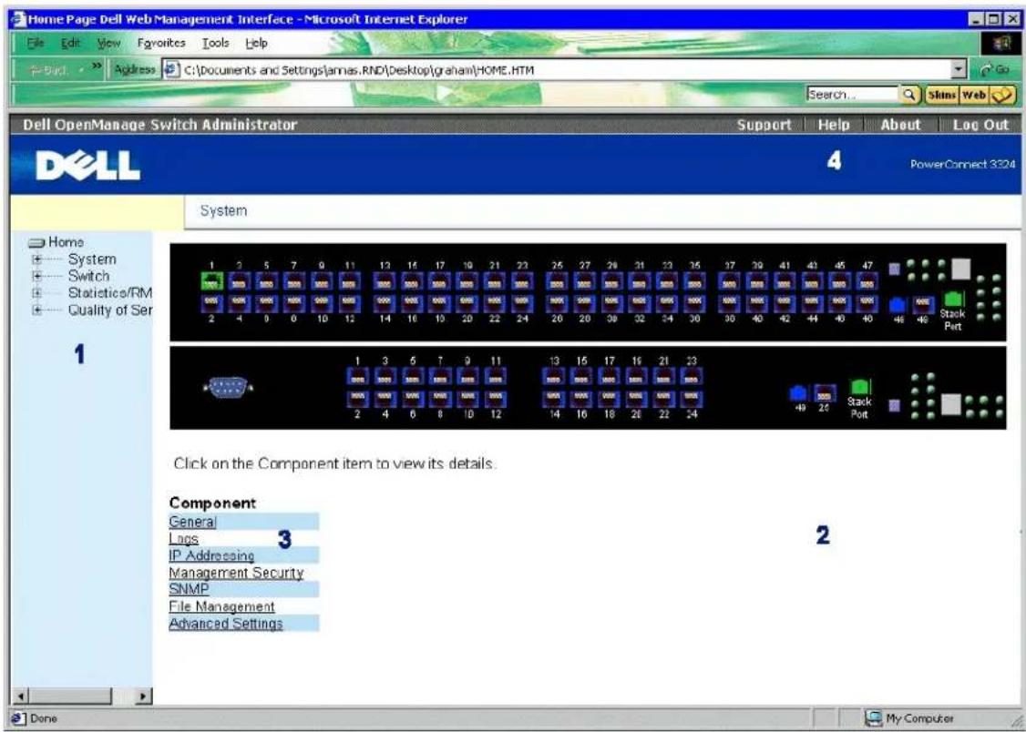 Home Page Dell Web Management Interface - Microsoft Internet Explorer File Edit View Favorites Tools Help Build Address C:\Documents and Settings\annas.RND\Desktop\graham\HOME.HTM Dell OpenManage Switch Administrator Support Help About Log Out DELL 4 PowerConnect 3324 System 1 2 5 7 9 11 13 16 17 19 21 23 25 27 29 31 33 35 37 39 41 43 45 47 2 4 0 0 10 12 14 16 18 20 22 24 26 28 30 32 34 36 38 40 42 44 46 48 Stack Port 1 3 5 7 9 11 13 15 17 19 21 23 2 4 6 8 10 12 14 16 18 20 22 24 49 Stack Port Click on the Component item to view its details. Component General Lags IP Addressing Management Security SNMP File Management Advanced Settings 2 Done My Computer