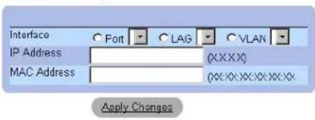 Interface Port LAG VLAN IP Address (XXXX) MAC Address (XX:XX:XX:XX:XX) Apply Changes