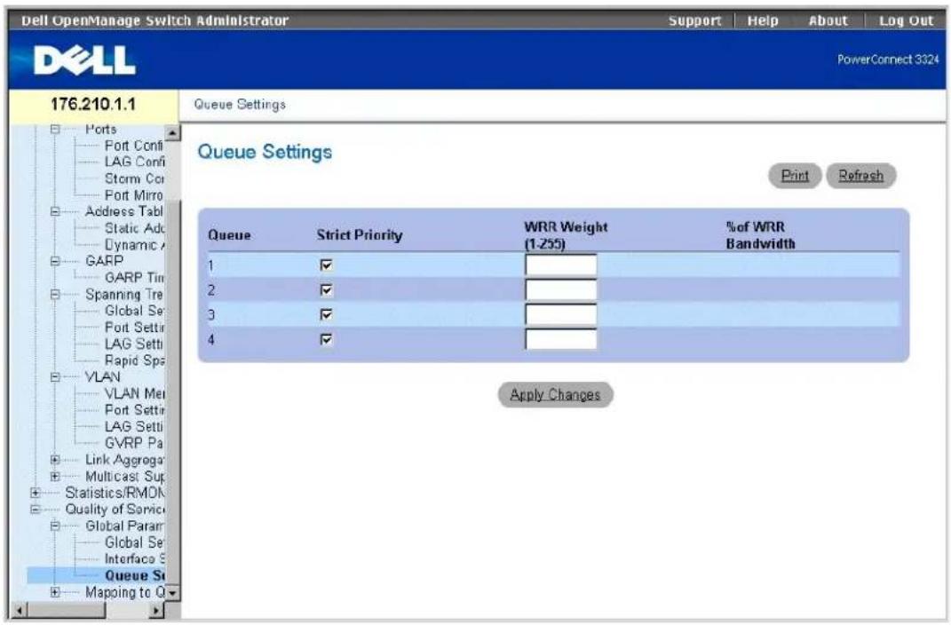 Dell OpenManage Switch Administrator Support | Help | About | Log Out PowerConnect 3324 176.210.1.1 Ports Port Confi LAG Confi Storm Coni Port Mirro Address Tabl Static Adc Dynamic GARP GARP Tin Spanning Tre Global Se Port Setti LAG Setti Rapid Spa VLAN VLAN Mei Port Setti LAG Setti GVRP Pa Link Aggrog Multicast Sup Statistics/RMON Quality of Service Global Param Global Se Interface S Queue Si Mapping to Q Queue Settings Print Refresh Queue Strict Priority WRR Weight (1-235) % of WRR Bandwidth 1 ✓ 2 ✓ 3 ✓ 4 ✓ Apply Changes