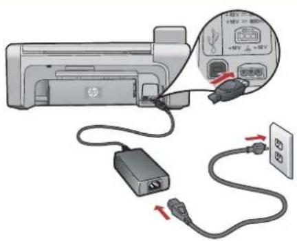 Diagram showing printer connection to power supply via USB cable, with close-up of device screen and plug details