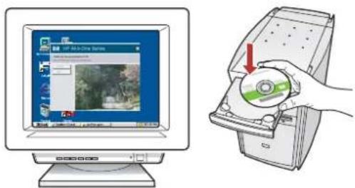 Illustration showing a desktop computer screen with an open CD and a hand holding the disc, indicating file transfer or download.