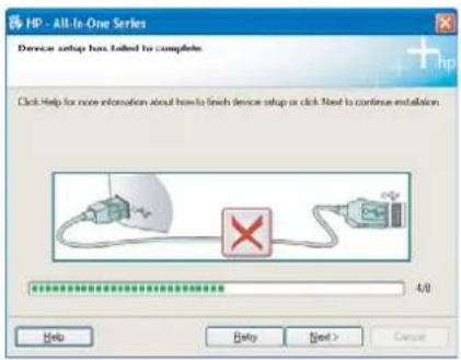 HP - All-In-One Series Device setup has failed to complete. Click Help for more information about how to finish device setup or click Next to continue installation. 4:0 Help Help Next > Cancel