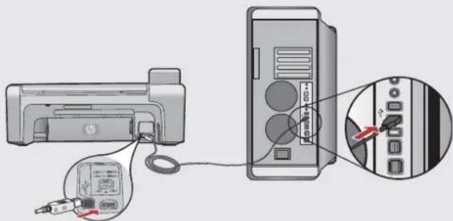 Diagram showing printer connection to tower device with labeled ports and cable, including a close-up of the device's cable.