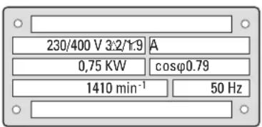 230/400 V 3:2/1:9 A 0,75 KW cosφ0.79 1410 min⁻¹ 50 Hz