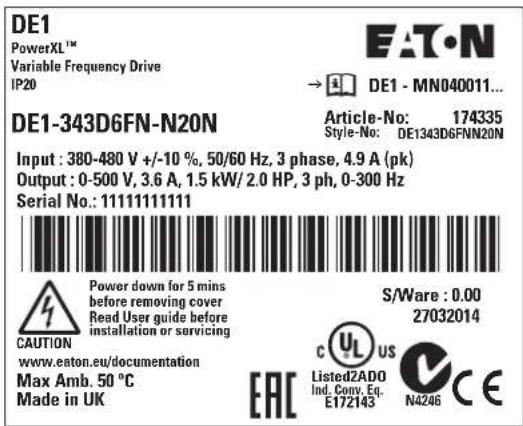 DE1 PowerXL™ Variable Frequency Drive IP20 EAT·N → A DE1 - MN040011... DE1-343D6FN-N20N Article-No: 174335 Style-No: DE1343D6FNN20N Input : 380-480 V +/-10 %, 50/60 Hz, 3 phase, 4.9 A (pk) Output : 0-500 V, 3.6 A, 1.5 kW/2.0 HP, 3 ph, 0-300 Hz Serial No.: 11111111111 POWER down for 5 mins before removing cover Read User guide before installation or servicing S/Ware : 0.00 27032014 CAUTION www.eaton.eu/documentation Max Amb. 50 °C Made in UK C UL US Listed2ADO Ind. Conv. Eq. E172143 N4246 CE EAC