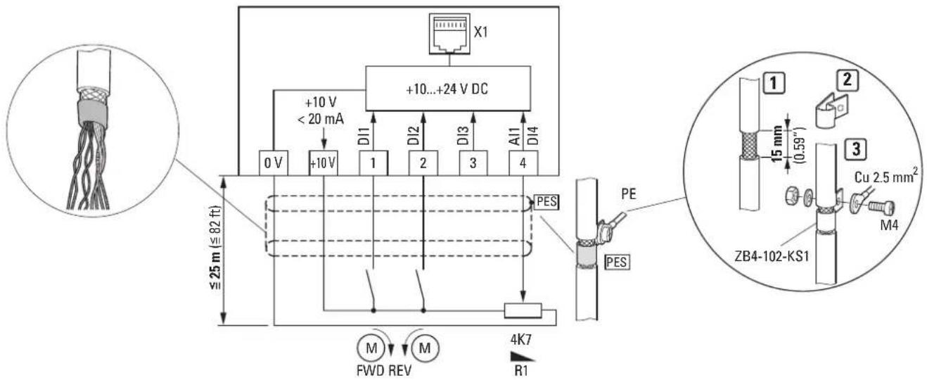 X1 +10...+24 V DC +10 V < 20 mA 0 V +10 V 1 DI1 DI2 DI3 AI1 DI4 ≤ 25 m (≤ 82 ft) PES PE PES M FWD REV 4K7 R1 ZB4-102-KS1 15 mm (0.59") 2 Cu 2.5 mm² M4