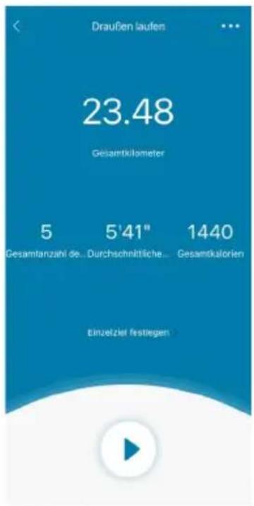 Draußen laufen 23.48 Gesamtkilameter 5 5'41" 1440 Gesamtanzahl de... Durchschnittliche... Gesamtkalorien Einzelziel festiegen