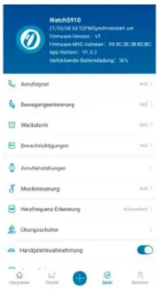 Watch/$10 21/03/08 03:52/MSynchronisiert um Firmware-Version: V1 Firmware-WAC-Adresse: D9.5C 3E 3B BEEBC App-Version: V1.0.2 Verbleibende Batterinladung: 36% Annufsignal AUG 3 Bewegangserinnerung AUG 3 Wackalarm AUG 3 Benachrichtigungen AUG 3 Annufeinstellungen 0 Masksteuerung AUG 3 Herzfrequenz-Erkenung Automatisch 3 Oburgsschalter Handgelskwahrnehmung
