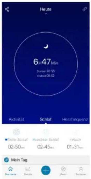 Heute 6H47 Min Stammer01:55 ErwinDB:42 Aktivität Schlaf Herzfrequenz Tieter Schlaf mueichser Schlaf nWach 02-50m 02-45m 01-31m Mein Tag Shortcuts Details Gmbt Besurzer