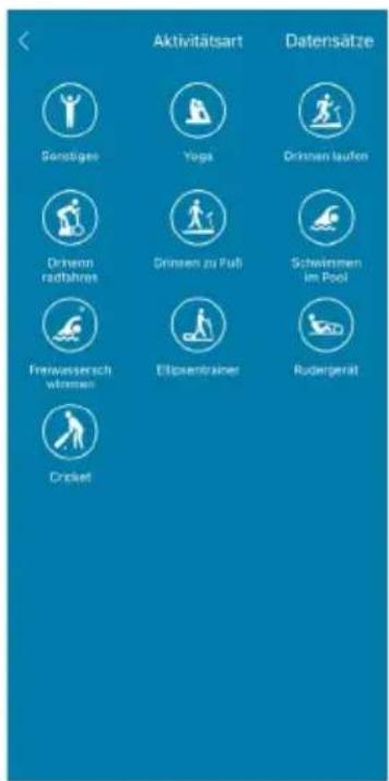 Aktivitätsart Datensätze Sonstiges Yoga Dritten laufen Drivenn radtahres Dritten zu Fuß Schwinnen im Pool Frenwassersch wären Ellipsenzainer Rüdgeräit Cricket