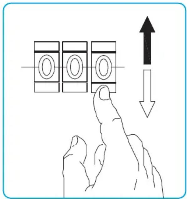 Diagram showing a finger pressing a button labeled with 'O' symbols, with an upward arrow and downward arrow indicating movement or action.