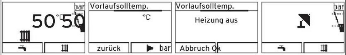 50°50 bar vorlauf solltemp. °C zurück bar vorlauf solltemp. Heizung aus Abbruch Ok bar
