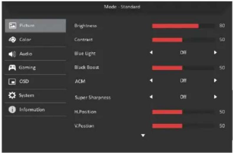 Mode - Standard Picture Color Audio Gaming OSD System Information Brightness 80 Contrast 50 Blue Light Off Black Boost 50 ACM Off Super Sharpness Off H.Position 50 V.Position 50