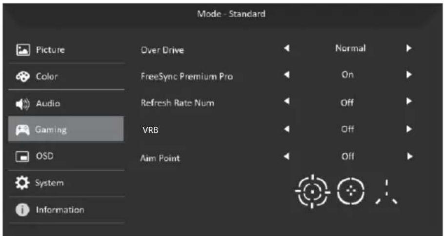 Mode - Standard Picture Over Drive Normal Color FreeSync Premium Pro On Audio Refresh Rate Num Off Gaming VRB Off OSD Aim Point Off System Information