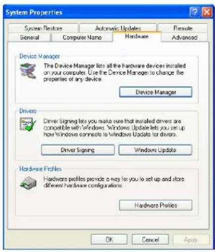 System Properties System Resources Automatic Updates Remote General Computer Name Hardware Advanced Device Manager The Device Manager lists all the hardware devices installed on your computer. Use the Device Manager to change the properties of any device. Device Manager Drivers Driver Signing lets you make sure that installed drivers are compatible with Windows. Windows Update lets you set up how Windows connectors to Windows Update for drivers. Driver Signing Windows Update Hardware Profiles Hardware Profiles provide a way for you to set up and store different hardware configurations. Hardware Profiles OK Cancel Apply