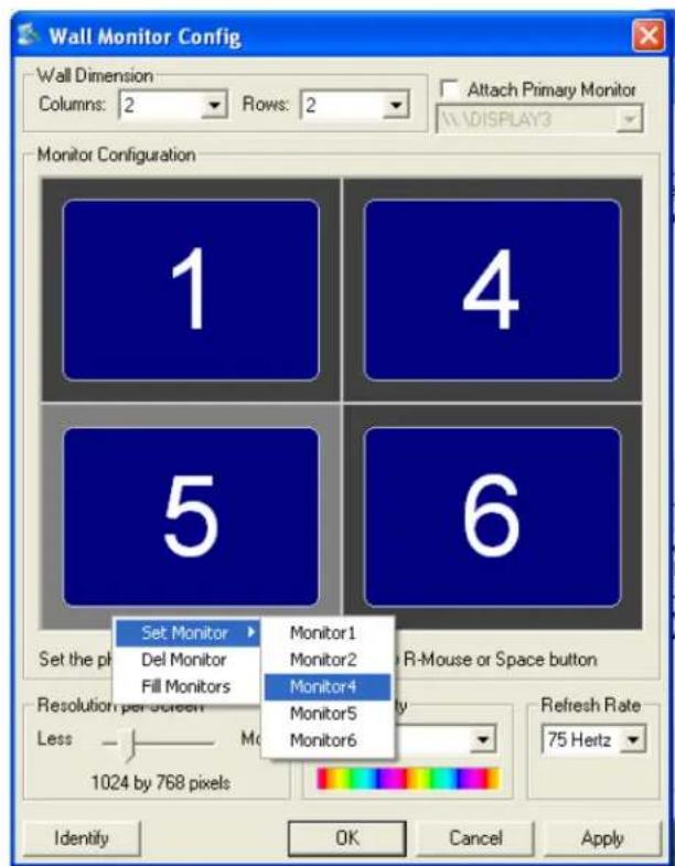 Wall Monitor Config Wall Dimension Columns: 2 Rows: 2 Attach Primary Monitor 1 4 5 6 Monitor Configuration Set Monitor Monitor1 Del Monitor Monitor2 Fill Monitors Monitor4 Monitor5 Monitor6 Set the plot R-Mouse or Space button Resolution per Screen Less 1024 by 768 pixels Refresh Rate 75 Hertz Identity OK Cancel Apply