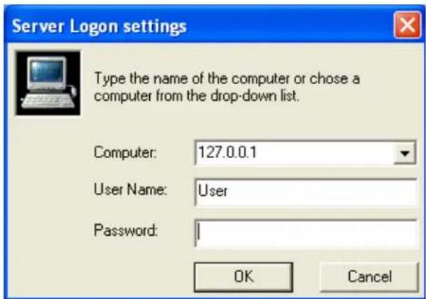 Server Logon settings Type the name of the computer or chose a computer from the drop-down list. Computer: 127.0.0.1 User Name: User Password: OK Cancel