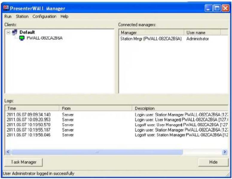 PresenterWALL Manager Run Station Configuration Help Clients: Default PWALL-082CA2B6A Connected managers: Manager User name Station Mngr (PWALL-082CA2B6A) Administrator Logs: Time From Description 2011.06.07 09:09:34.140 Server Login user: Station Manager PWALL-082CA2B6A [12] 2011.06.07 10:09:20.953 Server Login user: User Manager PWALL-082CA2B6A [127] 2011.06.07 10:19:50.579 Server Logoff user: User Manager PWALL-082CA2B6A [127] 2011.06.07 10:19:55.187 Server Login user: Station Manager PWALL-082CA2B6A [12] 2011.06.07 10:19:58.046 Server Logoff user: Station Manager PWALL-082CA2B6A [12] Task Manager Hide User Administrator logged in successfully